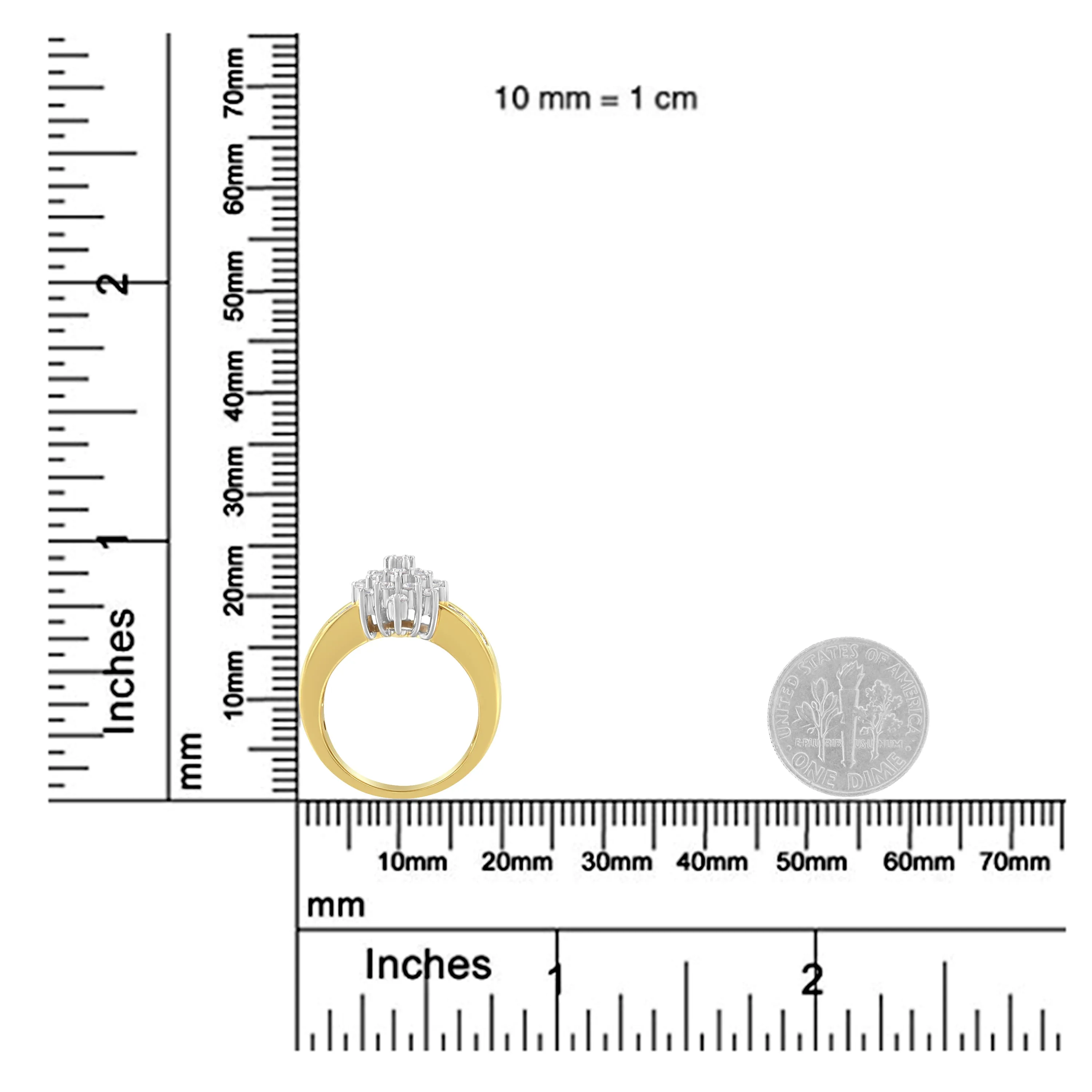 10K Yellow Gold 1.0 Cttw Round & Baguette Cut Diamond Floral Cluster Double-Channel Flared Band Statement Ring