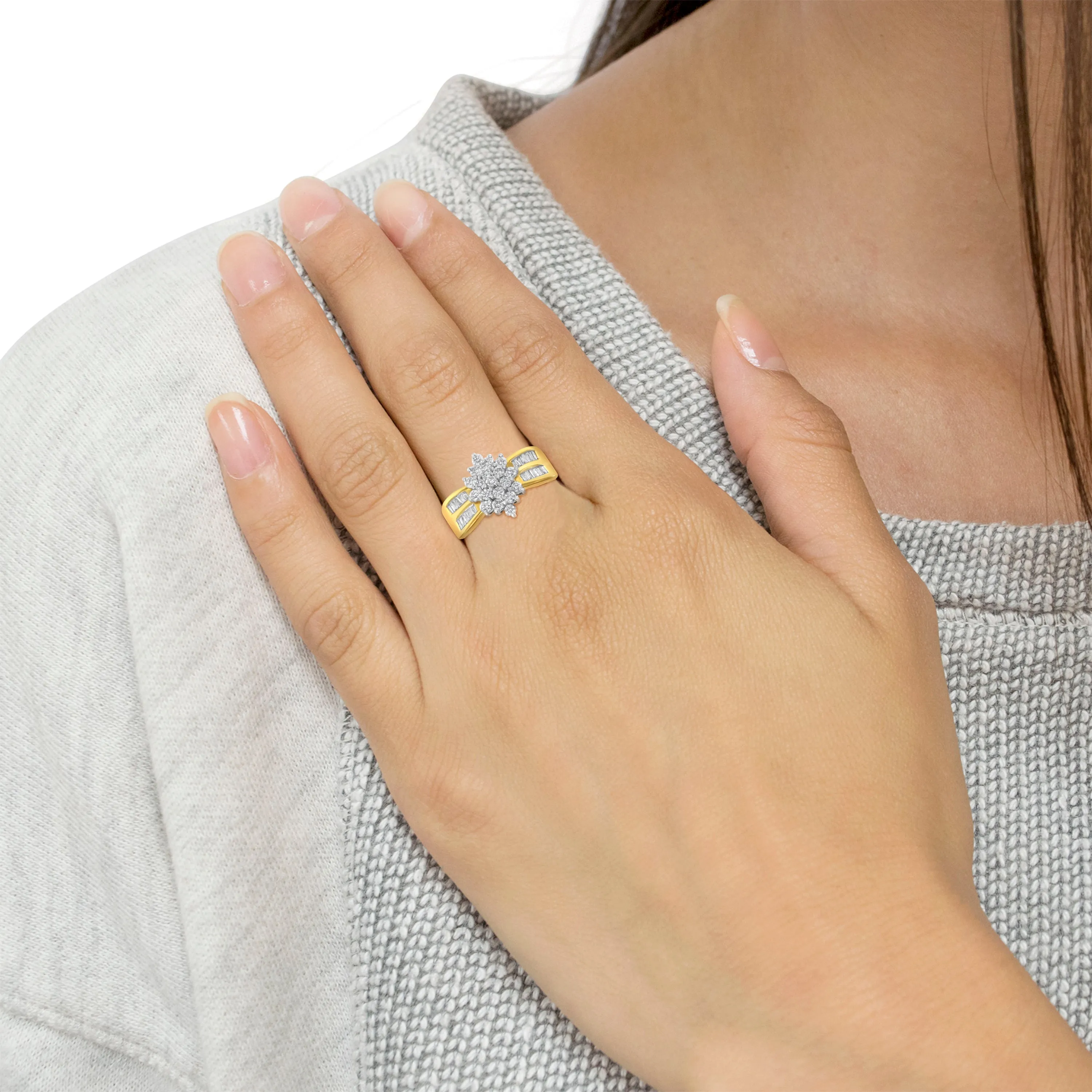 10K Yellow Gold 1.0 Cttw Round & Baguette Cut Diamond Floral Cluster Double-Channel Flared Band Statement Ring