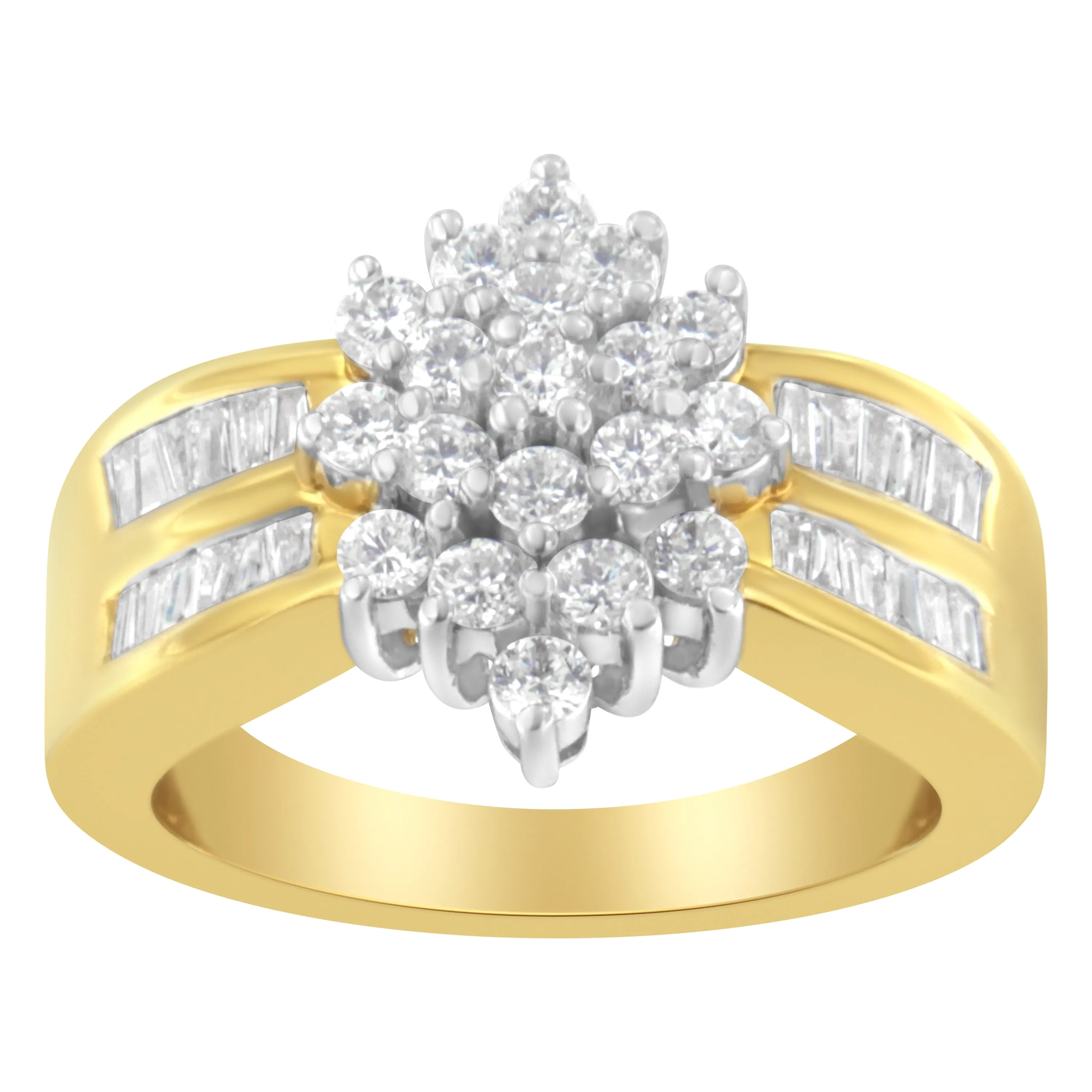 10K Yellow Gold 1.0 Cttw Round & Baguette Cut Diamond Floral Cluster Double-Channel Flared Band Statement Ring