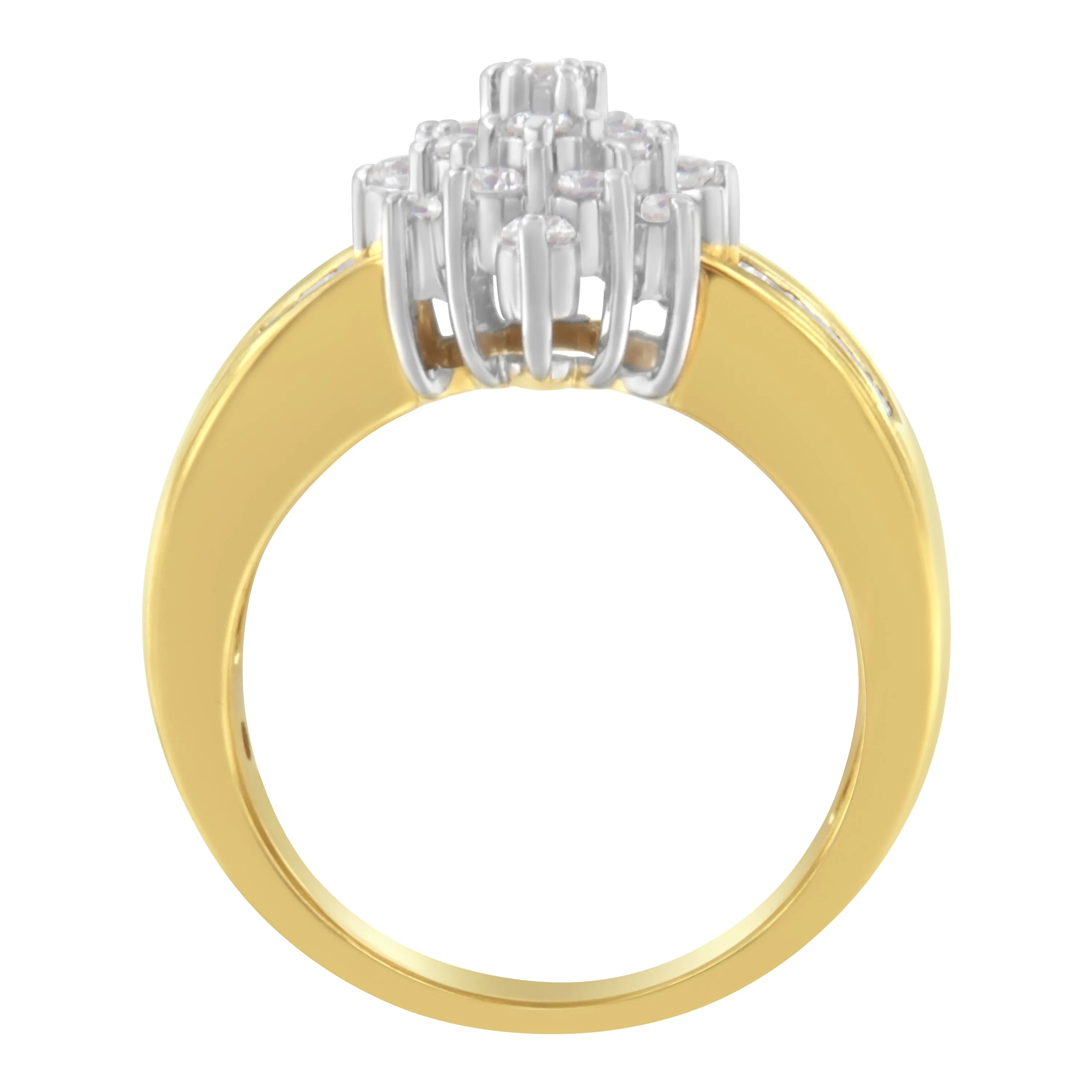 10K Yellow Gold 1.0 Cttw Round & Baguette Cut Diamond Floral Cluster Double-Channel Flared Band Statement Ring