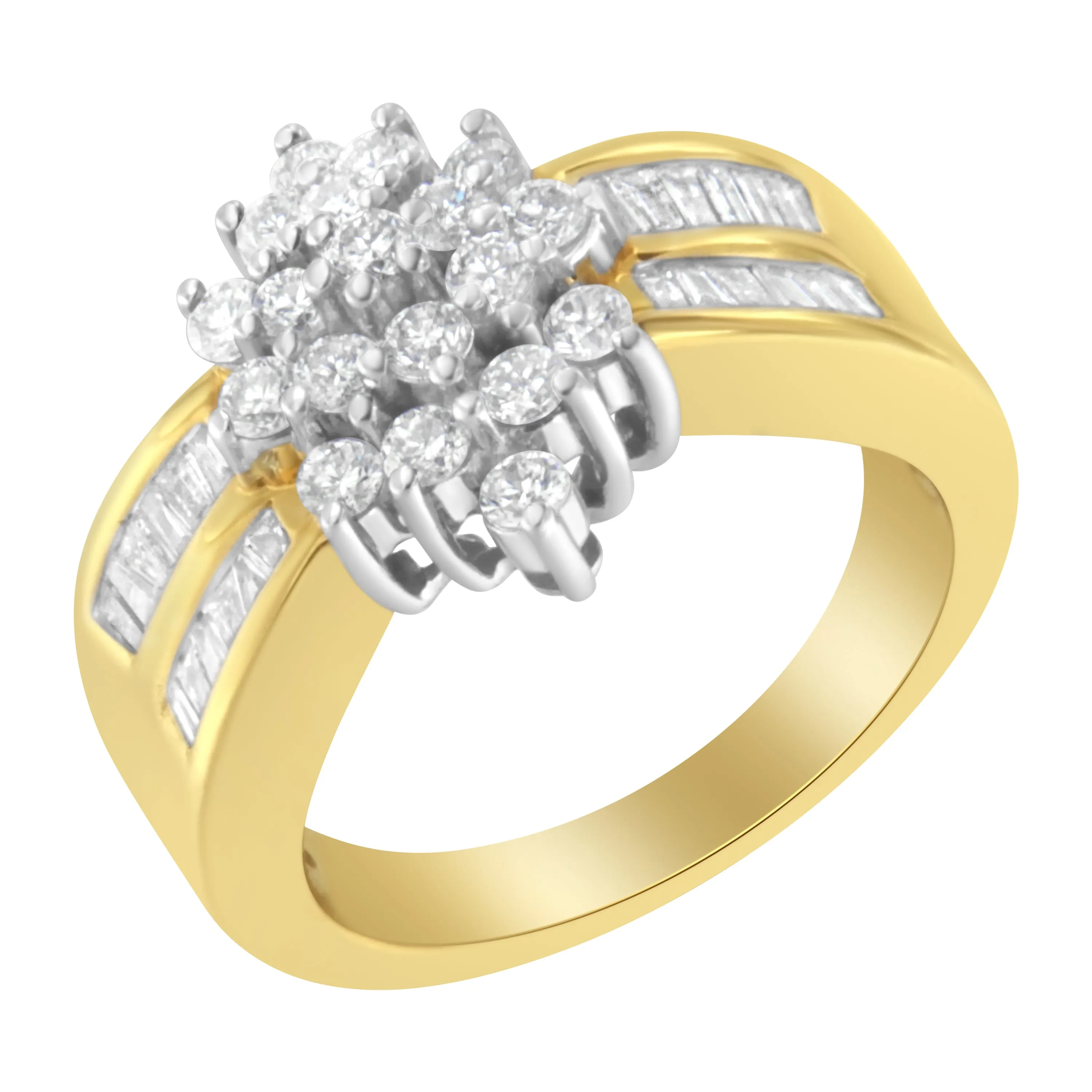 10K Yellow Gold 1.0 Cttw Round & Baguette Cut Diamond Floral Cluster Double-Channel Flared Band Statement Ring