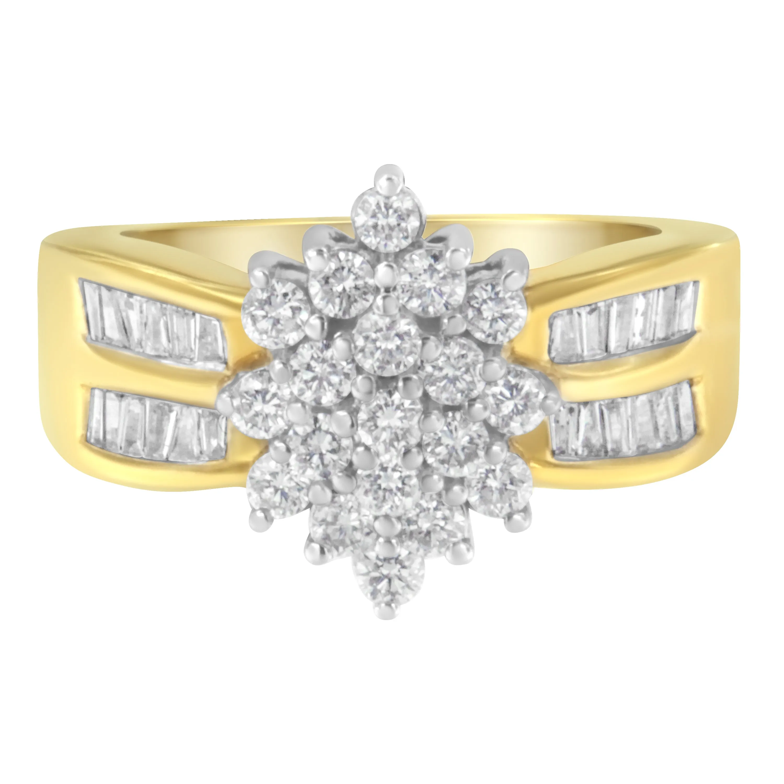10K Yellow Gold 1.0 Cttw Round & Baguette Cut Diamond Floral Cluster Double-Channel Flared Band Statement Ring