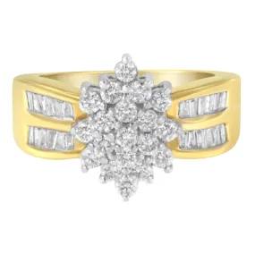 10K Yellow Gold 1.0 Cttw Round & Baguette Cut Diamond Floral Cluster Double-Channel Flared Band Statement Ring