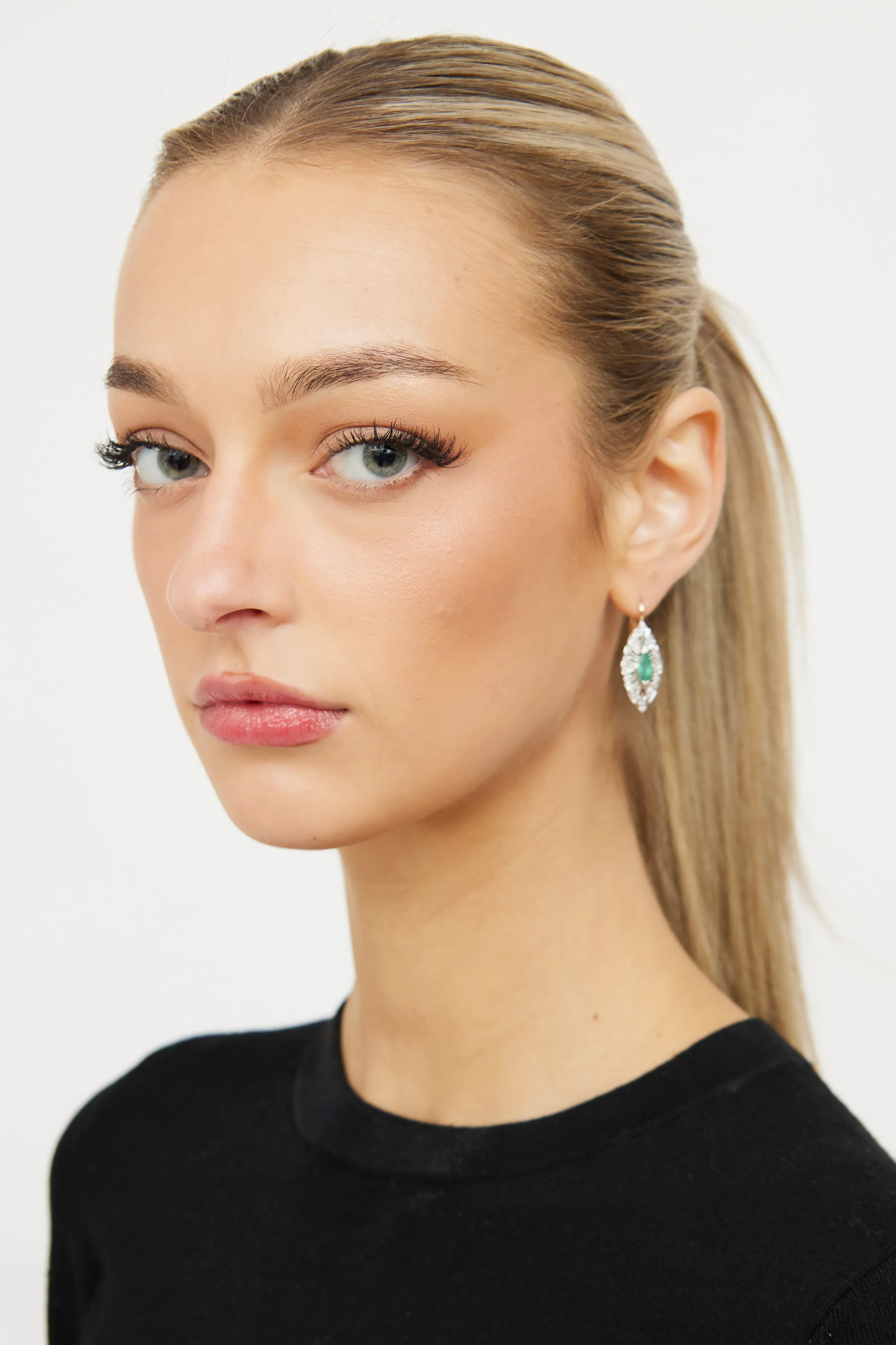14K White Gold & Emerald Drop Stud Earring