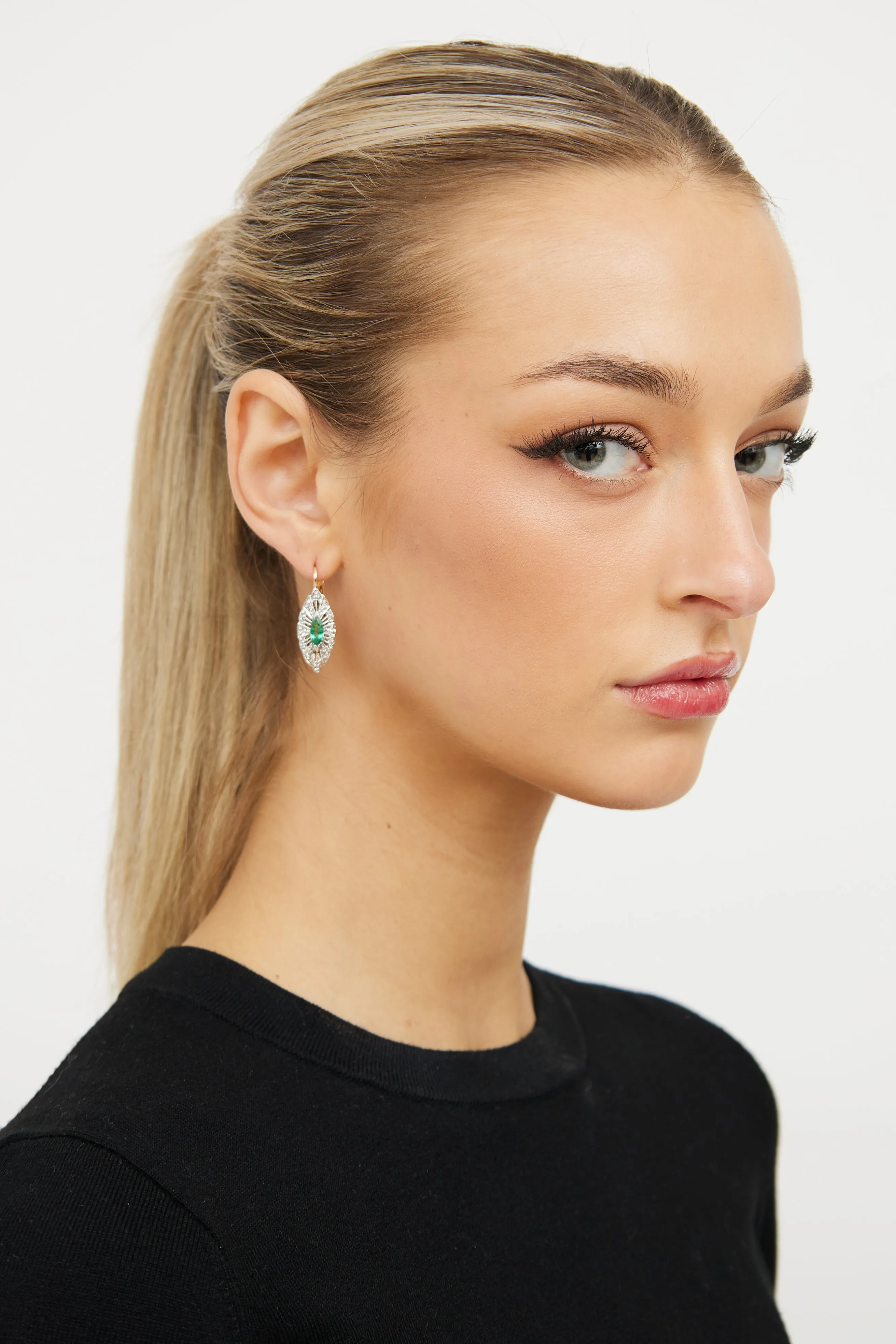 14K White Gold & Emerald Drop Stud Earring