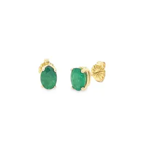 14K Yellow Gold 7x5mm Oval Stud Emerald Earrings