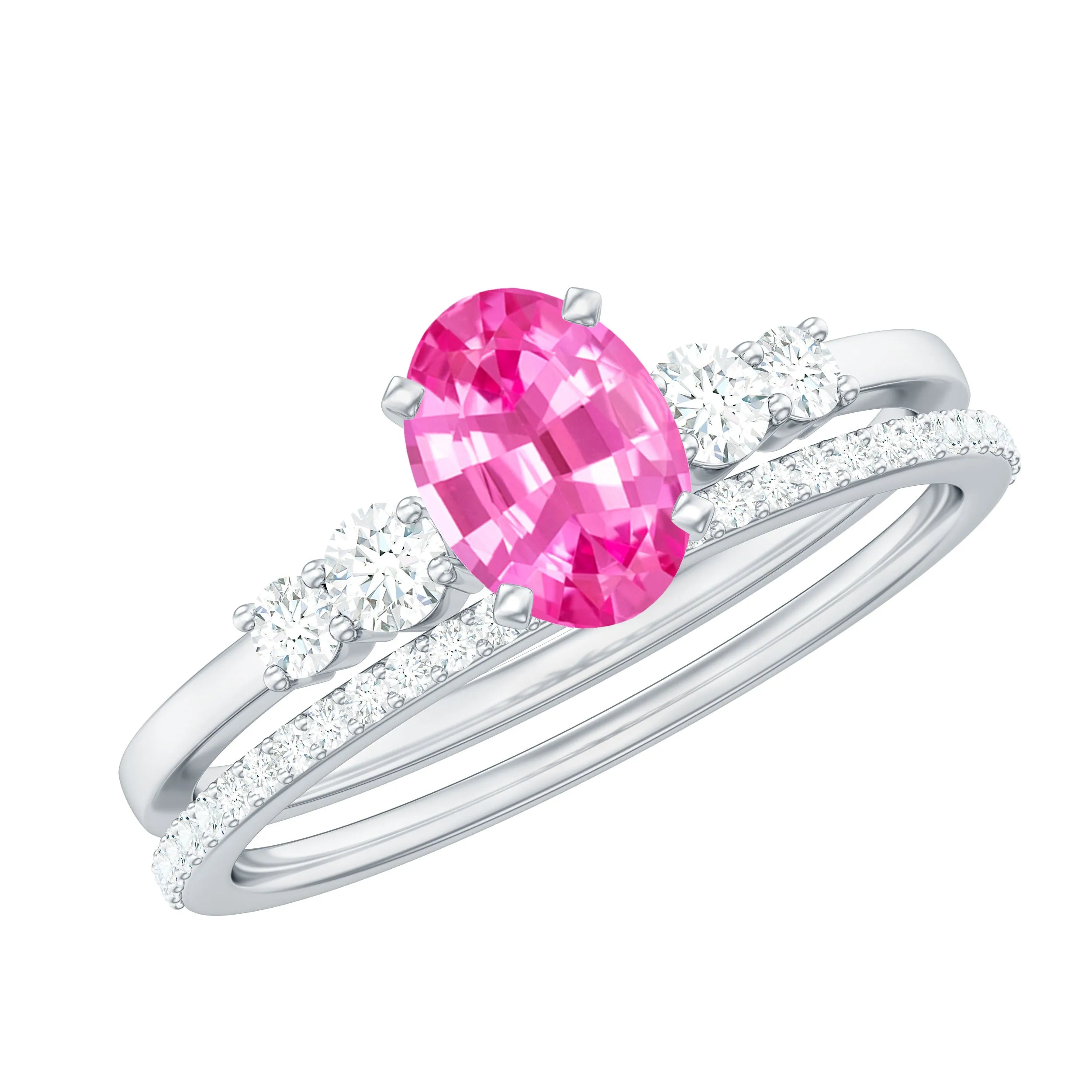 1.50 CT Oval Cut Solitaire Created Pink Sapphire Ring Set with Diamond