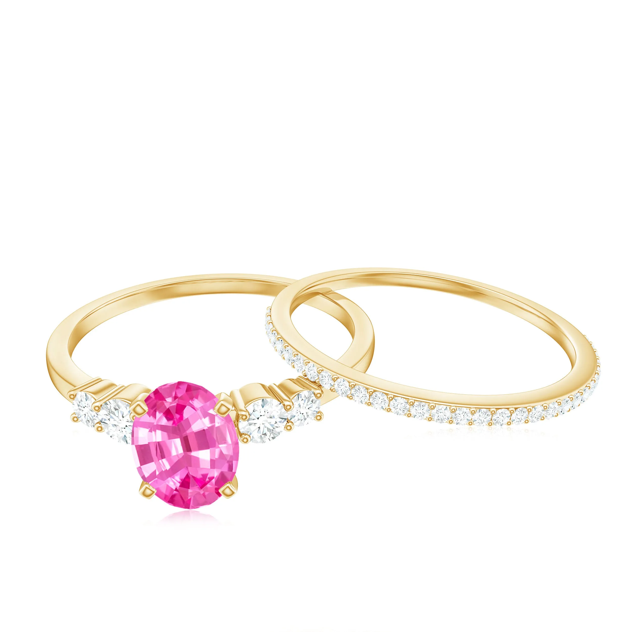 1.50 CT Oval Cut Solitaire Created Pink Sapphire Ring Set with Diamond