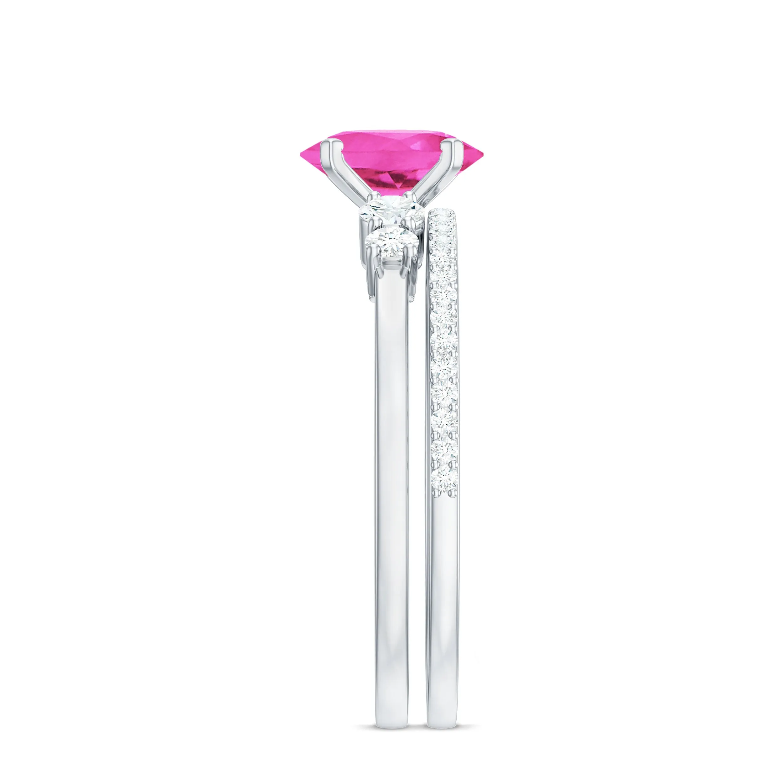 1.50 CT Oval Cut Solitaire Created Pink Sapphire Ring Set with Diamond