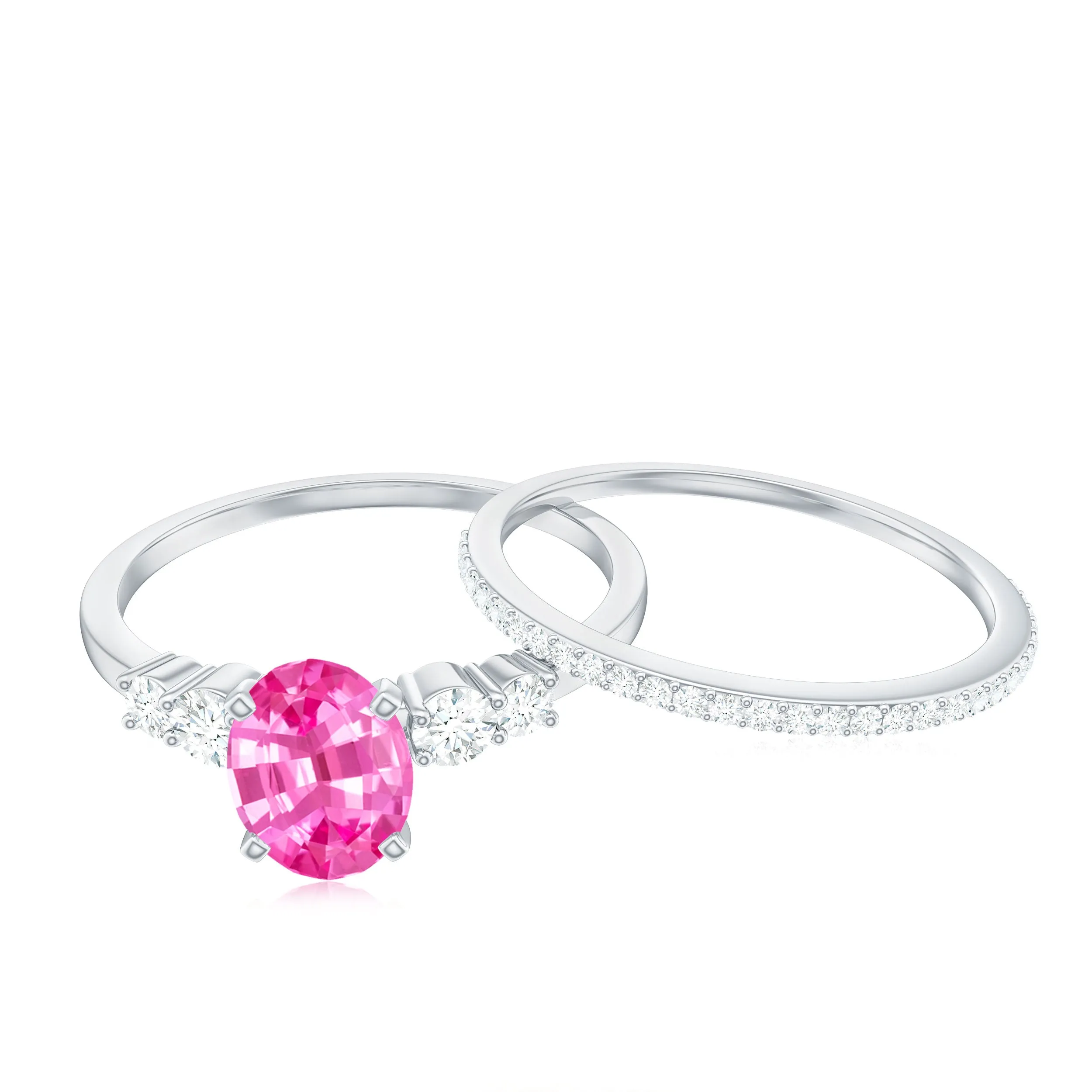 1.50 CT Oval Cut Solitaire Created Pink Sapphire Ring Set with Diamond