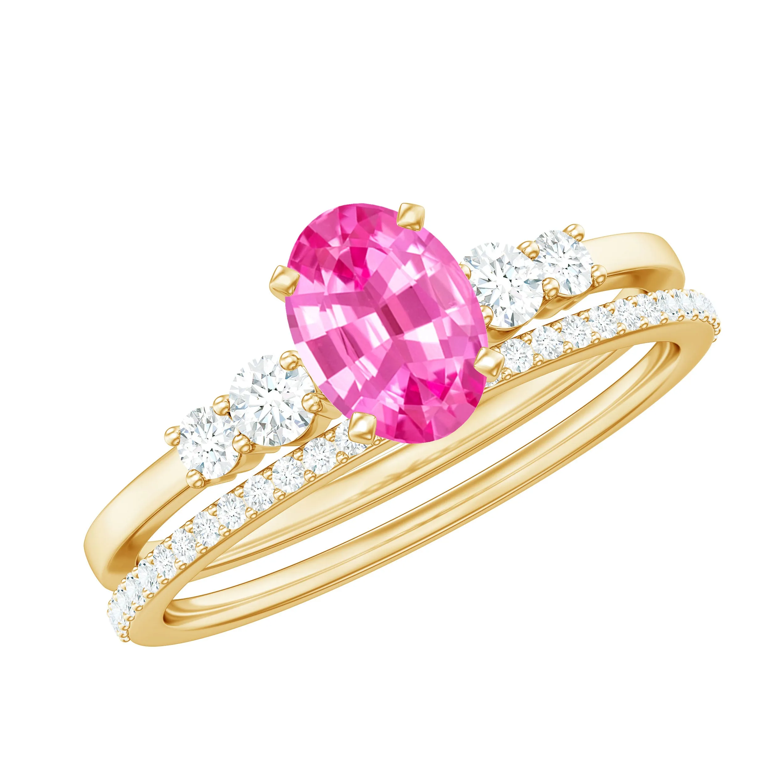 1.50 CT Oval Cut Solitaire Created Pink Sapphire Ring Set with Diamond