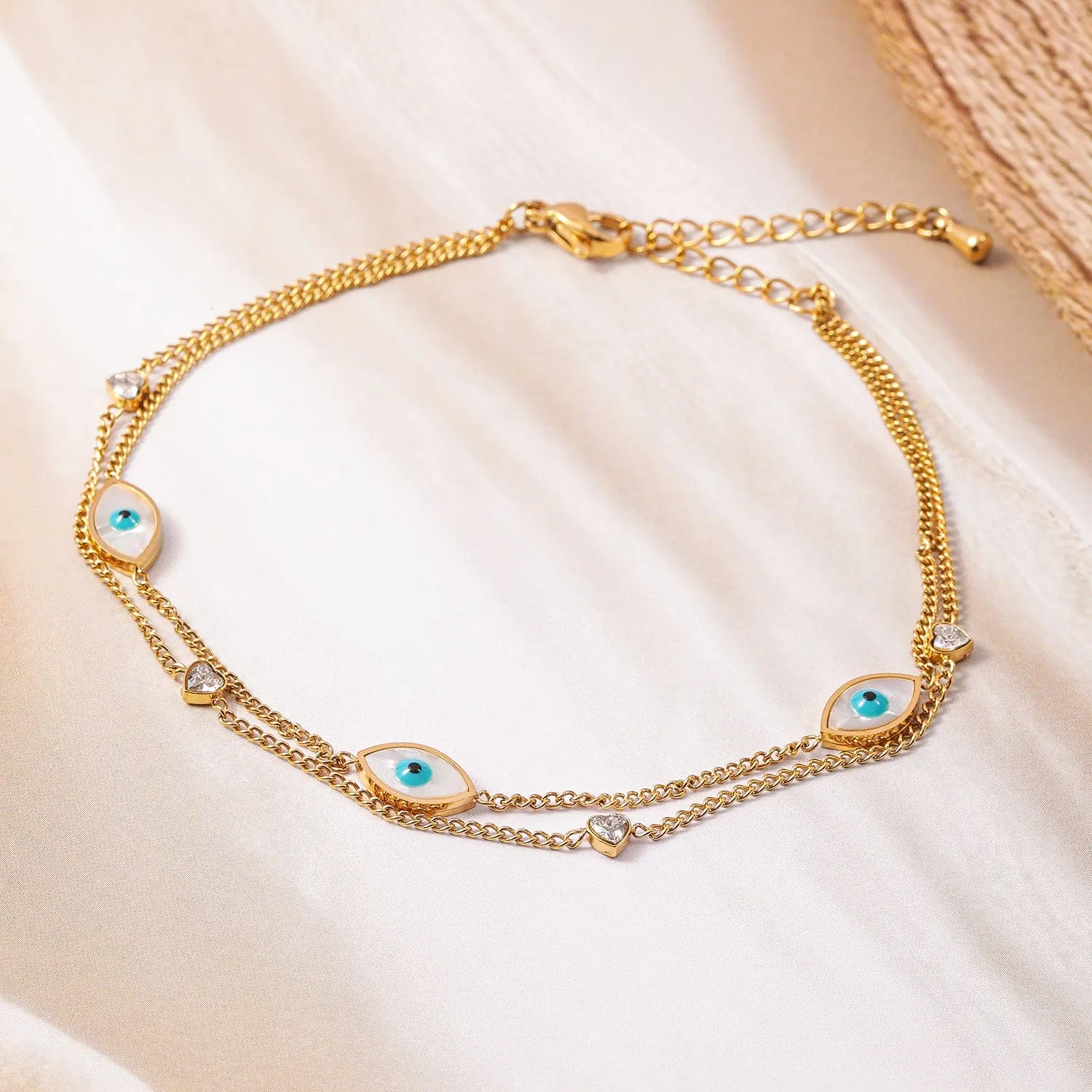 18K Gold Plated Stainless Steel Tarnish-Free Waterproof Evil Eye & Heart Charm Anklet