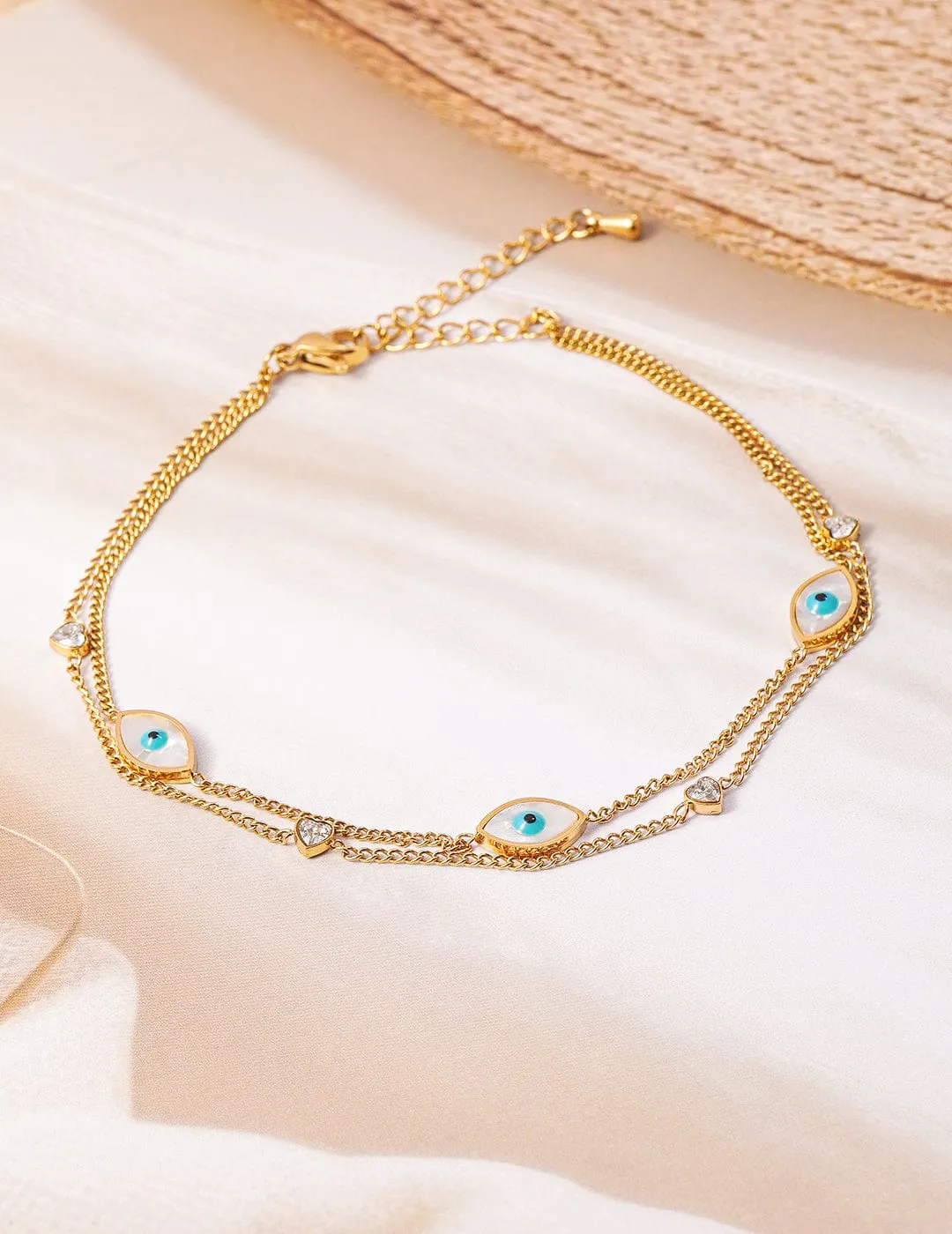 18K Gold Plated Stainless Steel Tarnish-Free Waterproof Evil Eye & Heart Charm Anklet