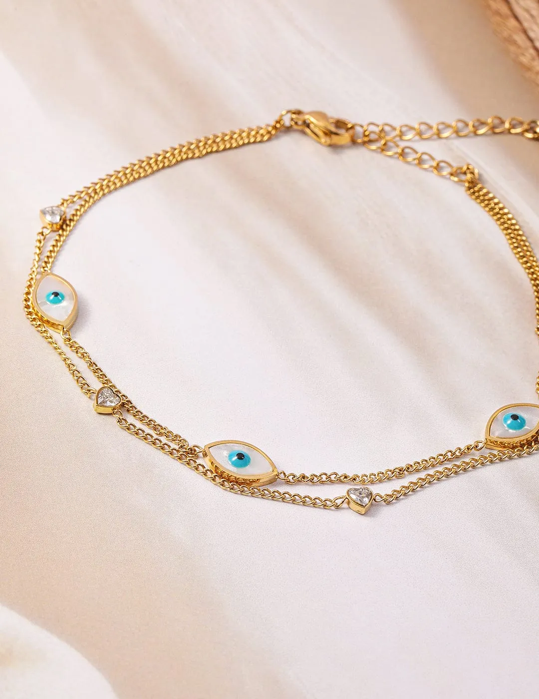 18K Gold Plated Stainless Steel Tarnish-Free Waterproof Evil Eye & Heart Charm Anklet