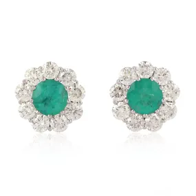 18K White Gold Round Emerald May Birthstone Prong Diamond Flower Stud Jewelry For Her