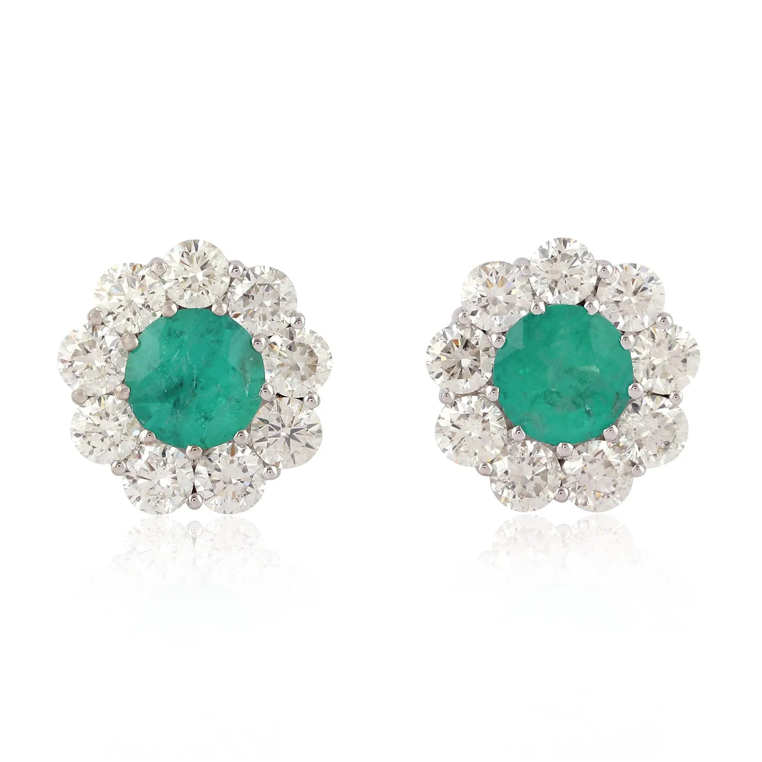 18K White Gold Round Emerald May Birthstone Prong Diamond Flower Stud Jewelry For Her