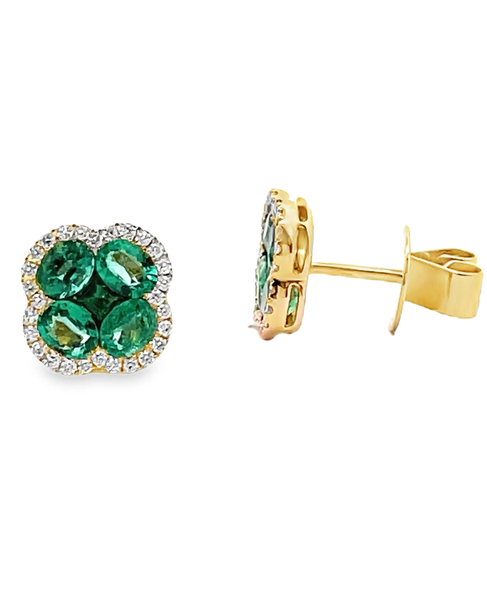 18K Yellow Gold Emerald & Diamonds Quatrefoil Earrings