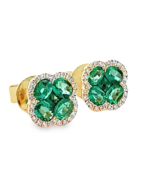 18K Yellow Gold Emerald & Diamonds Quatrefoil Earrings