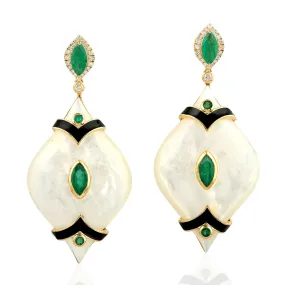 18KT Yellow Gold Emerald & MOp Gemstone Dangle Earrings Gift