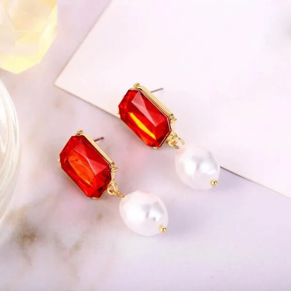 2 Stone Fuchsia Emerald Cut Rhinestone Faux Pearl Earrings