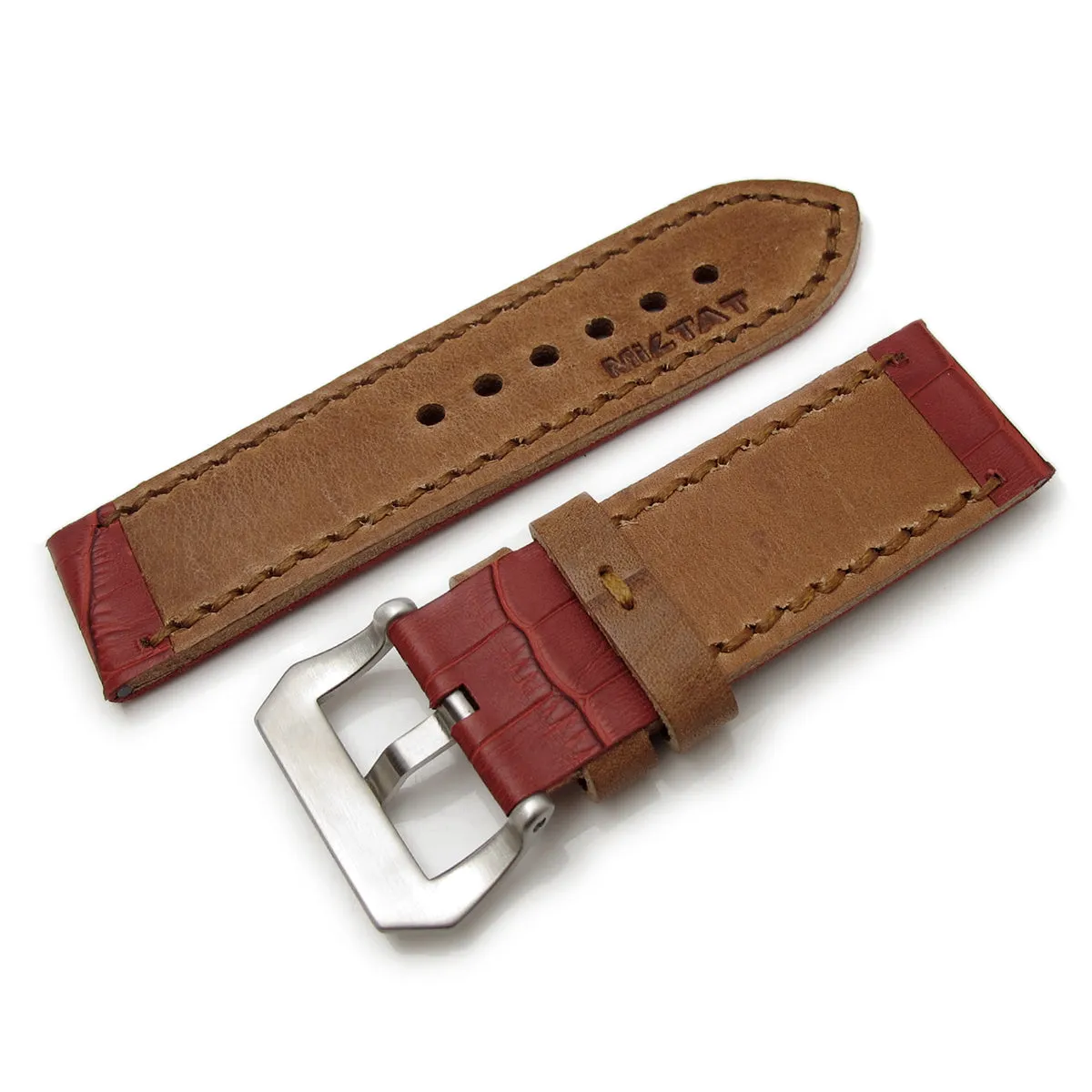 26mm MiLTAT Antipode Watch Strap Matte Red CrocoCalf in Tan Hand Stitches