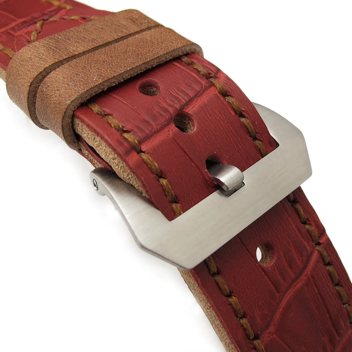 26mm MiLTAT Antipode Watch Strap Matte Red CrocoCalf in Tan Hand Stitches