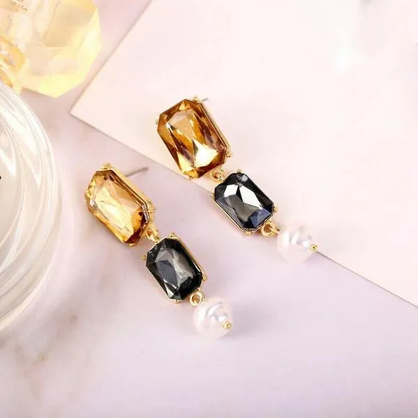 3 Stone Champagne Gray Faux Pearl Dangle Earrings