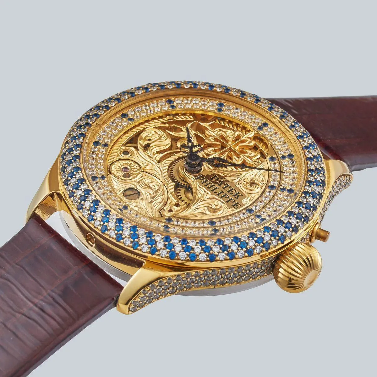 40mm silver dial leather band wristwatch inspired by Patek Philippe pocket watch