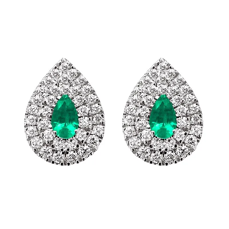 9K White Gold Emerald & Diamond Double Halo Earrings
