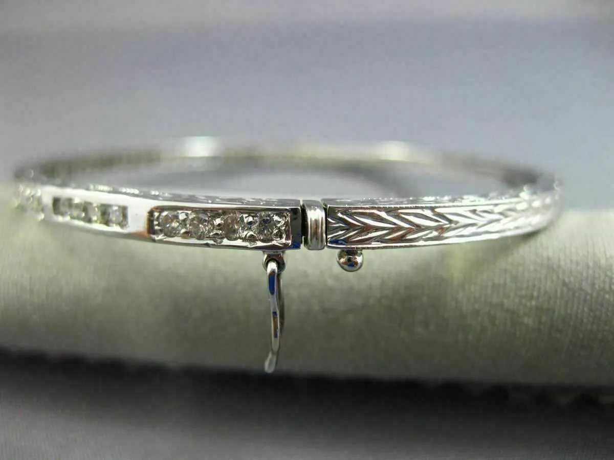 ANTIQUE 1.10CT ROUND CUT DIAMOND 18KT WHITE GOLD FILIGREE BANGLE BRACELET #19087