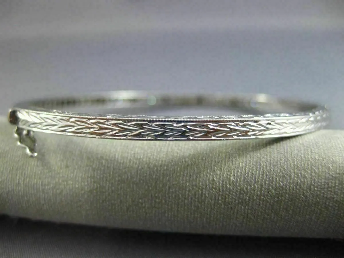 ANTIQUE 1.10CT ROUND CUT DIAMOND 18KT WHITE GOLD FILIGREE BANGLE BRACELET #19087