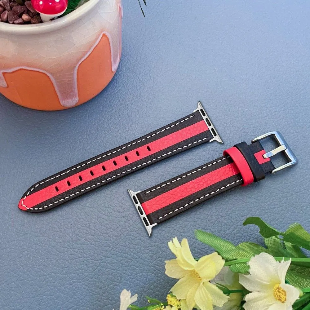 Apple Watch (45mm) color splicing genuine leather watch strap - Black / Red