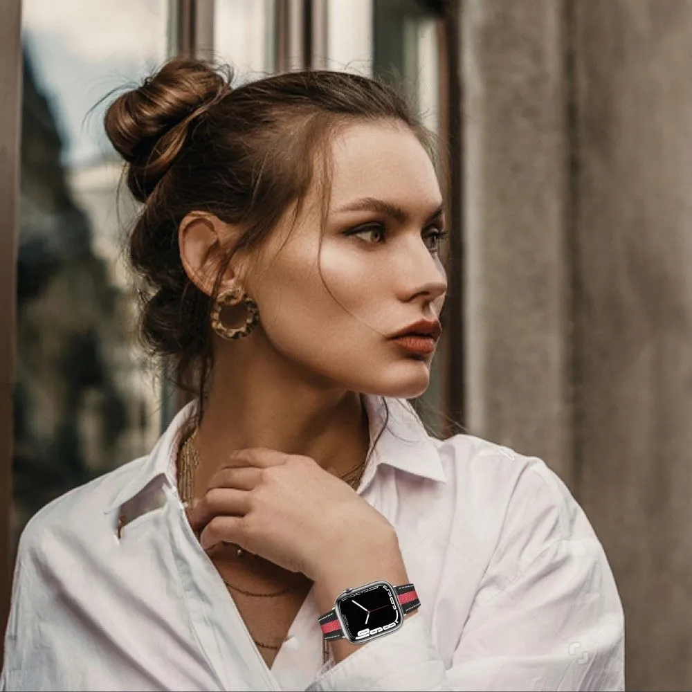 Apple Watch (45mm) color splicing genuine leather watch strap - Black / Red