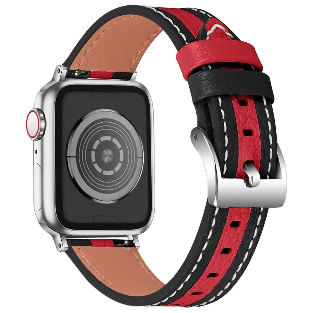 Apple Watch (45mm) color splicing genuine leather watch strap - Black / Red