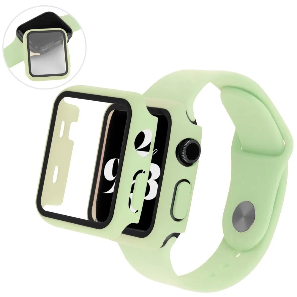 Apple Watch (45mm) cover with tempered glass   silicone watch strap - Light Green