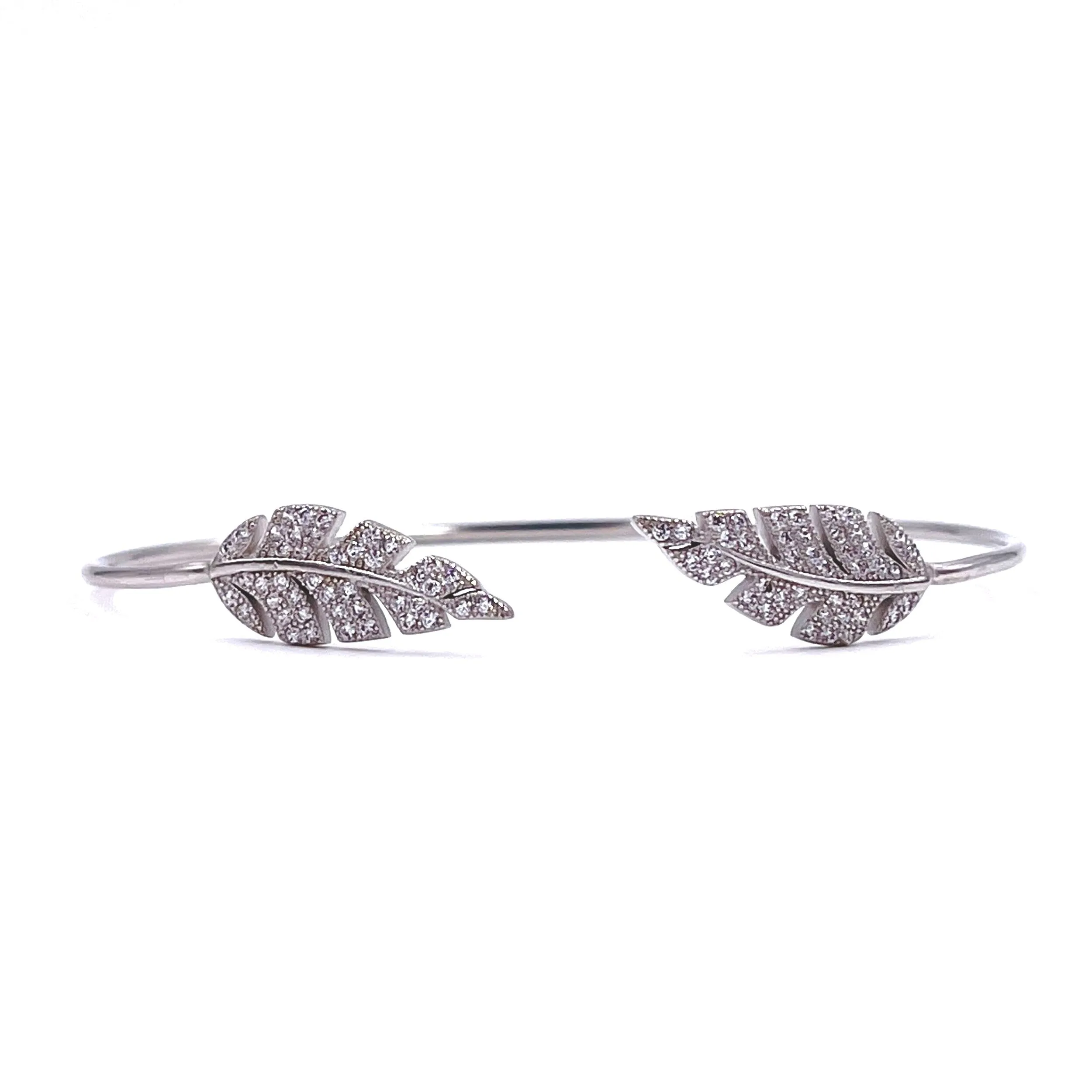Ashley Gold Stainless Steel CZ Cluster Leaf Design Open Bangle Bracelet