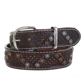 B1083A - Brown Vintage Tooled and Studded Belt