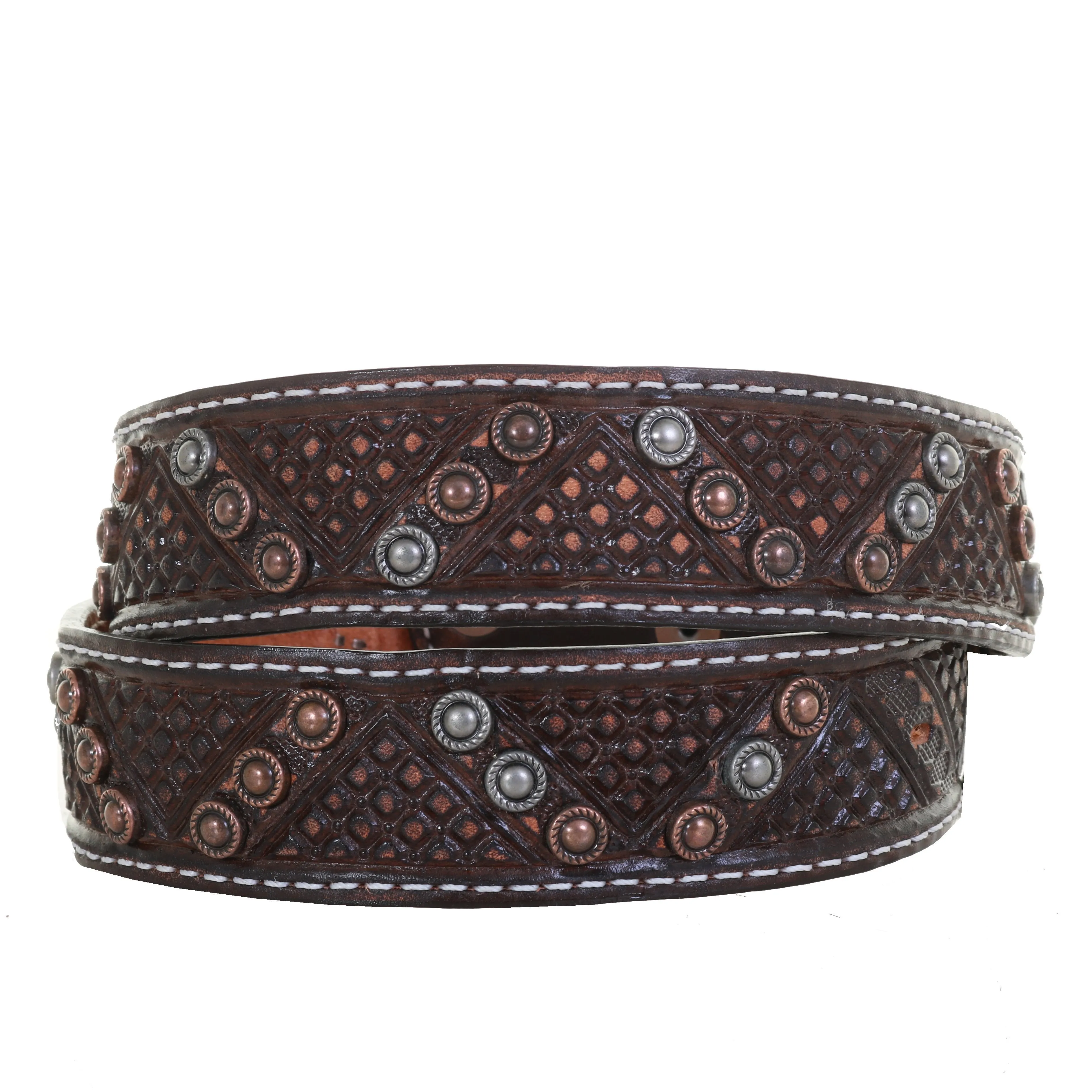 B1083A - Brown Vintage Tooled and Studded Belt