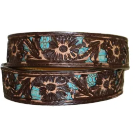B762 - Brown Vintage Floral Tooled Inlayed Belt