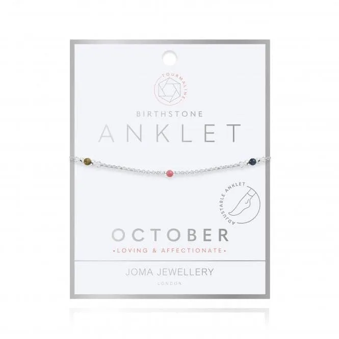 Birthstone October Tourmaline Silver 26cm Adjustable Anklet 4209