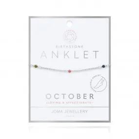 Birthstone October Tourmaline Silver 26cm Adjustable Anklet 4209