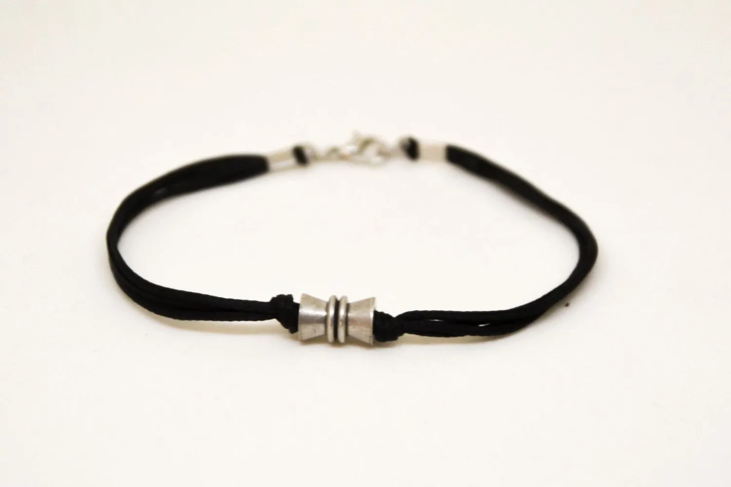 Black cord bracelets for men, silver tube charm for him, gift for him, gift wrapped