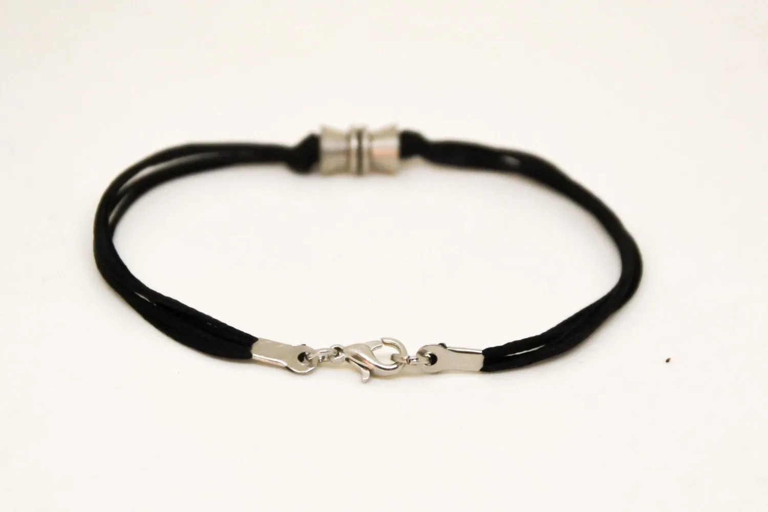 Black cord bracelets for men, silver tube charm for him, gift for him, gift wrapped