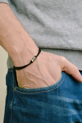 Black cord bracelets for men, silver tube charm for him, gift for him, gift wrapped