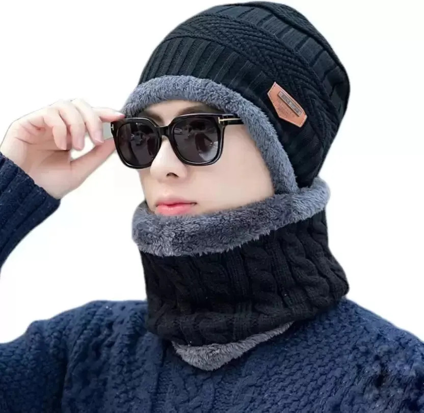 Black Woven Beanie Cap