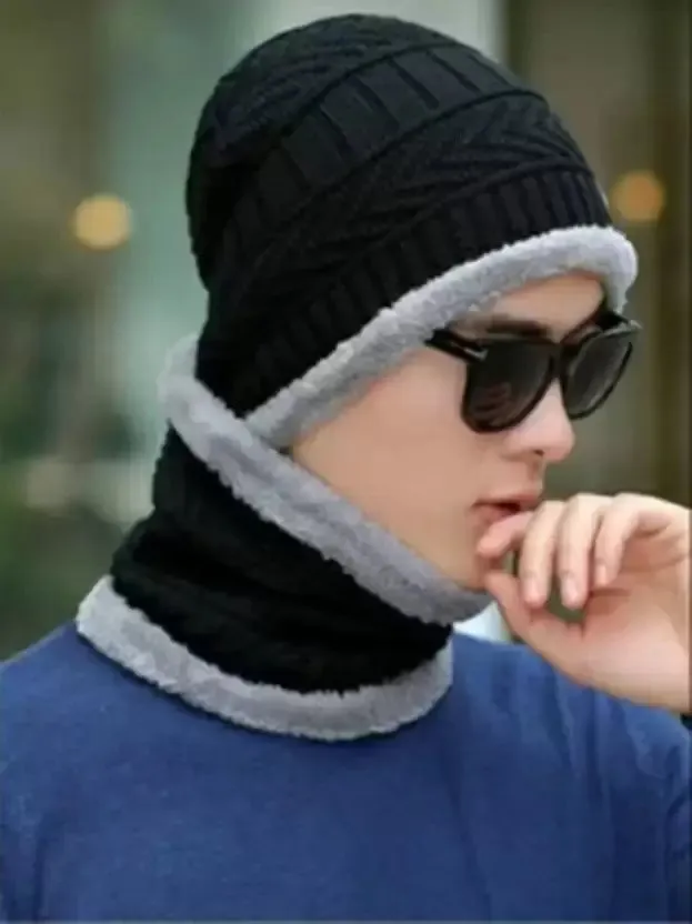 Black Woven Beanie Cap