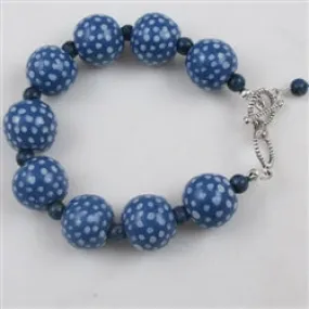 Blue with White Dots Fair Trade Kazuri Large Bead Bracelet