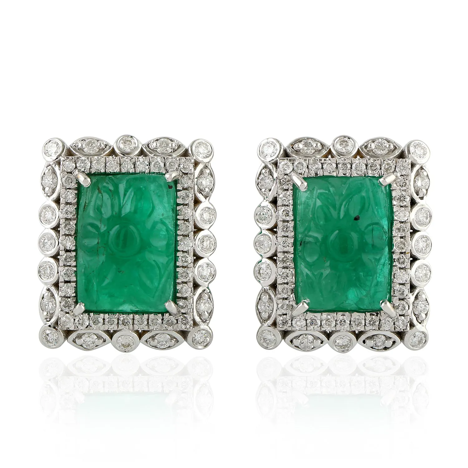 Carved Emerald Bezel Set Diamond Rectangle Stud in 18k White Gold