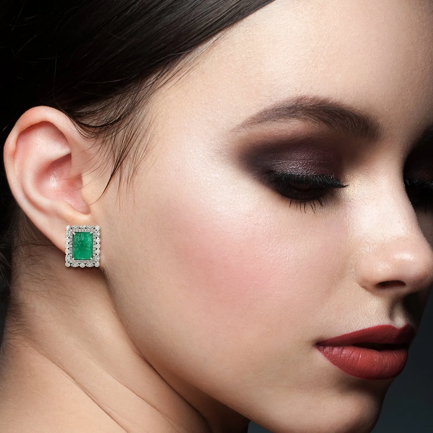 Carved Emerald Bezel Set Diamond Rectangle Stud in 18k White Gold