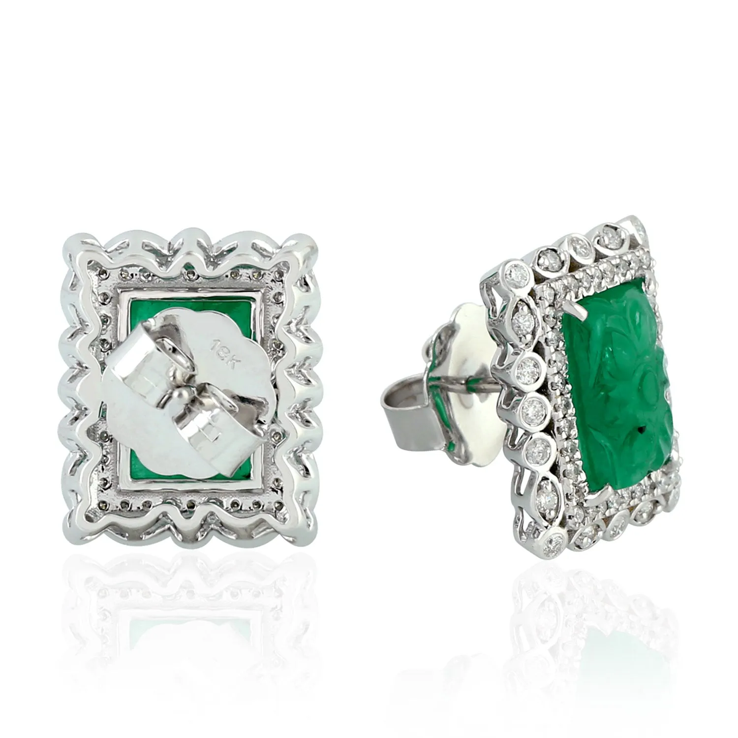 Carved Emerald Bezel Set Diamond Rectangle Stud in 18k White Gold